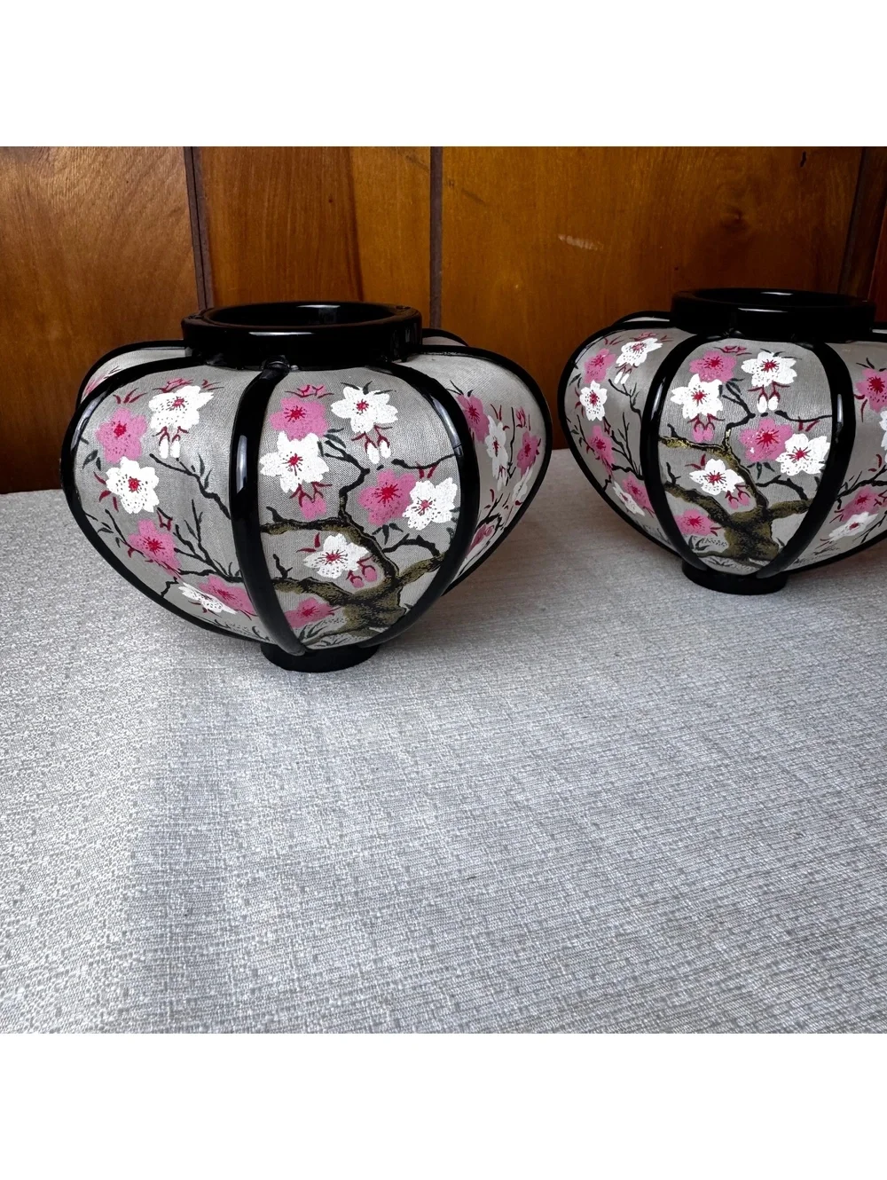 Vintage Japanese Hina Doll Bonbori Lantern Tops Pair Cherry Blossom Pink Black
